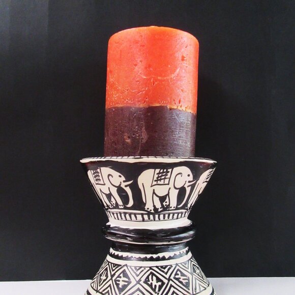 Vintage heavy ceramic candle pillar holder tribal pattern with elephants - Picture 2 of 7